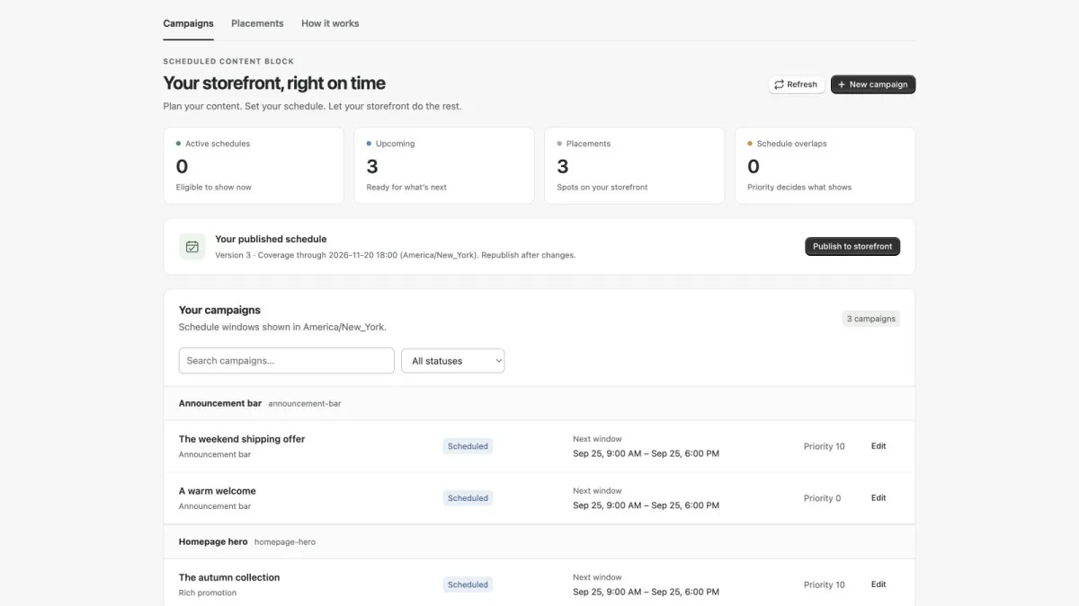 Scheduly Content Block settings in the Shopify admin