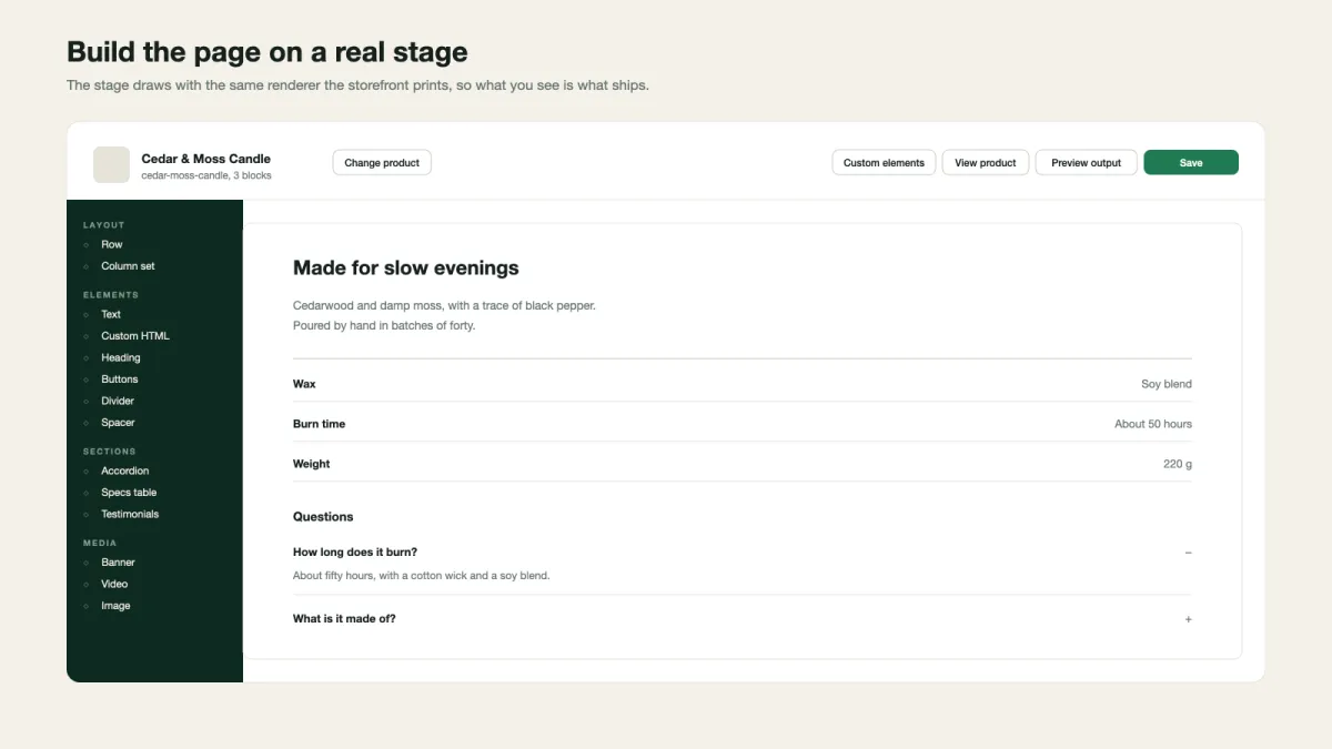 Page Builder settings in the Shopify admin